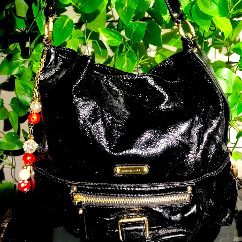 Black patent leather Michael Kors purse w/handmade purse charm